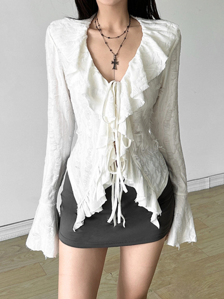White Ruffle Lace Tie Front Long Sleeve Blouse