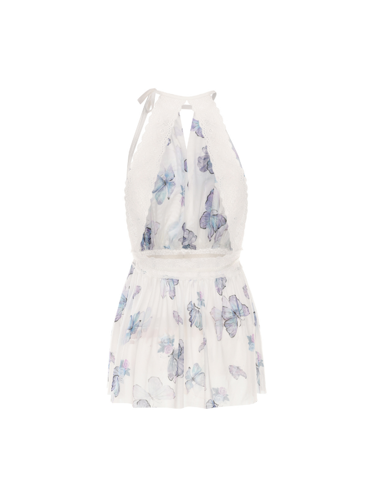 White romper with blue butterfly pattern on a white background