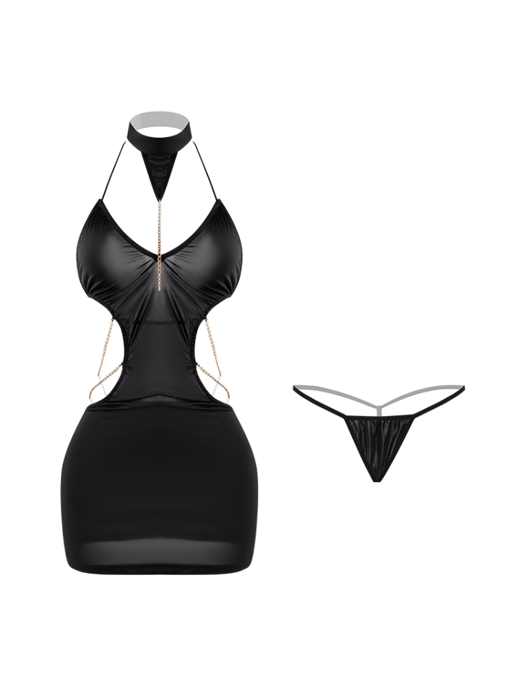 Cut Out Halter Black Mini Dress Sexy Bodycon Lingerie One Piece with a halter top and thong on a white background