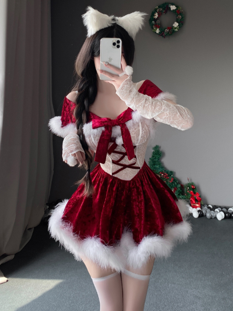 Person wearing a festive outfit with red and white details, taking a mirror selfie. Sexy Lingerie Christmas Velvet Lace Lingerie Set Santa Dress
