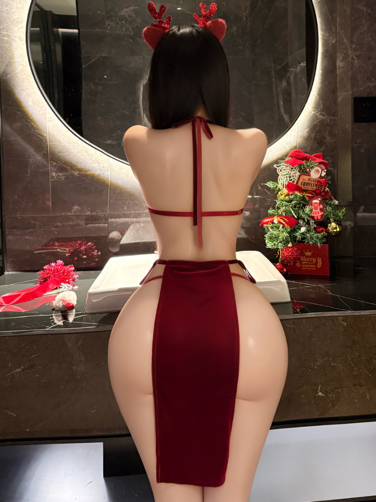 Person wearing a Red Velvet Sexy Lingerie Bodysuit Christmas Teddy One Piece Outfit