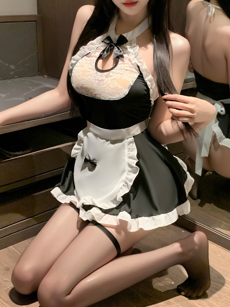 Person wearing a black and white Sexy French Maid Outfit Lace Halter Apron Mini Dress kneeling on a wooden floor.