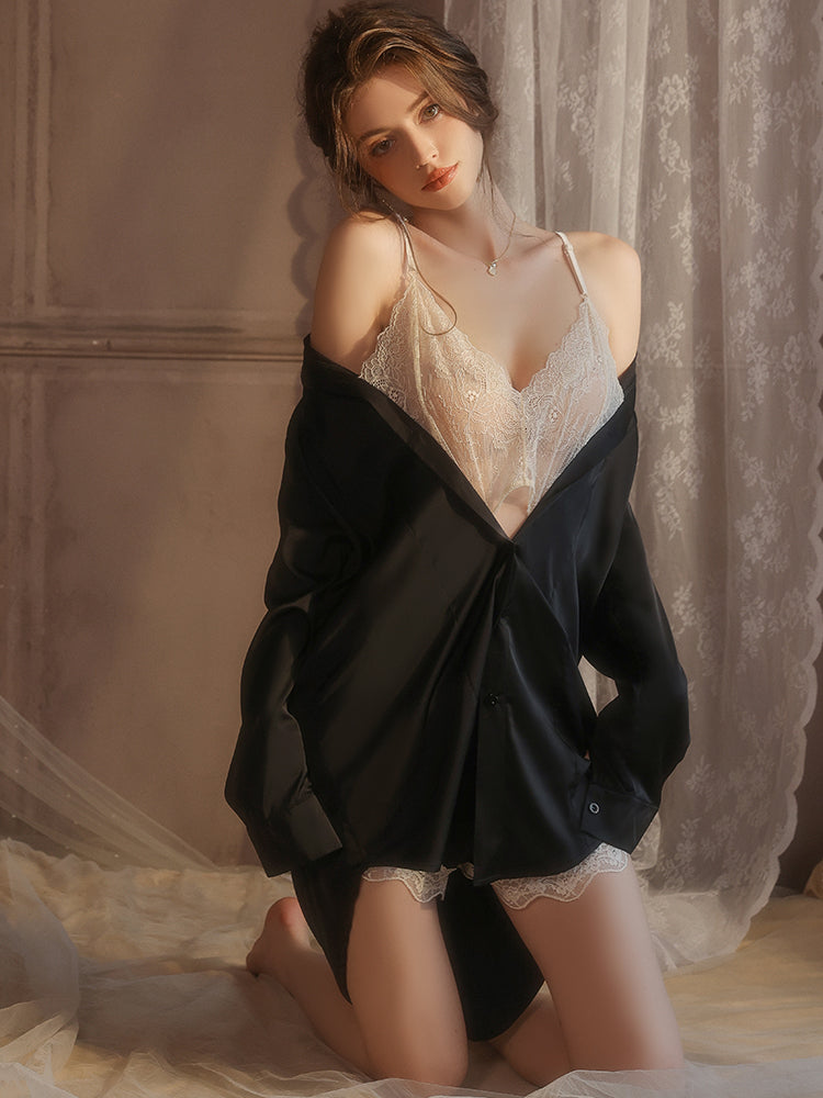 Woman in lingerie and black Satin Lace Trim Two Piece Set Night Shirts for Women with Built In Lace Top and Shorts sitting on a bed with lace curtains in the background