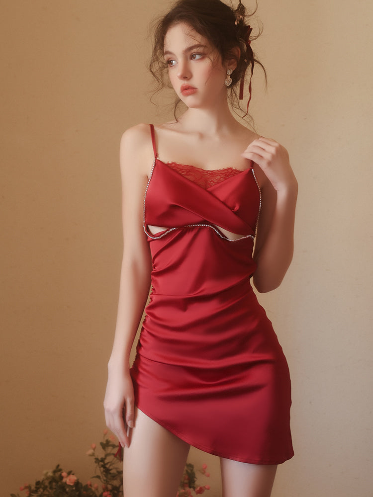 Woman wearing a red dress against a beige background