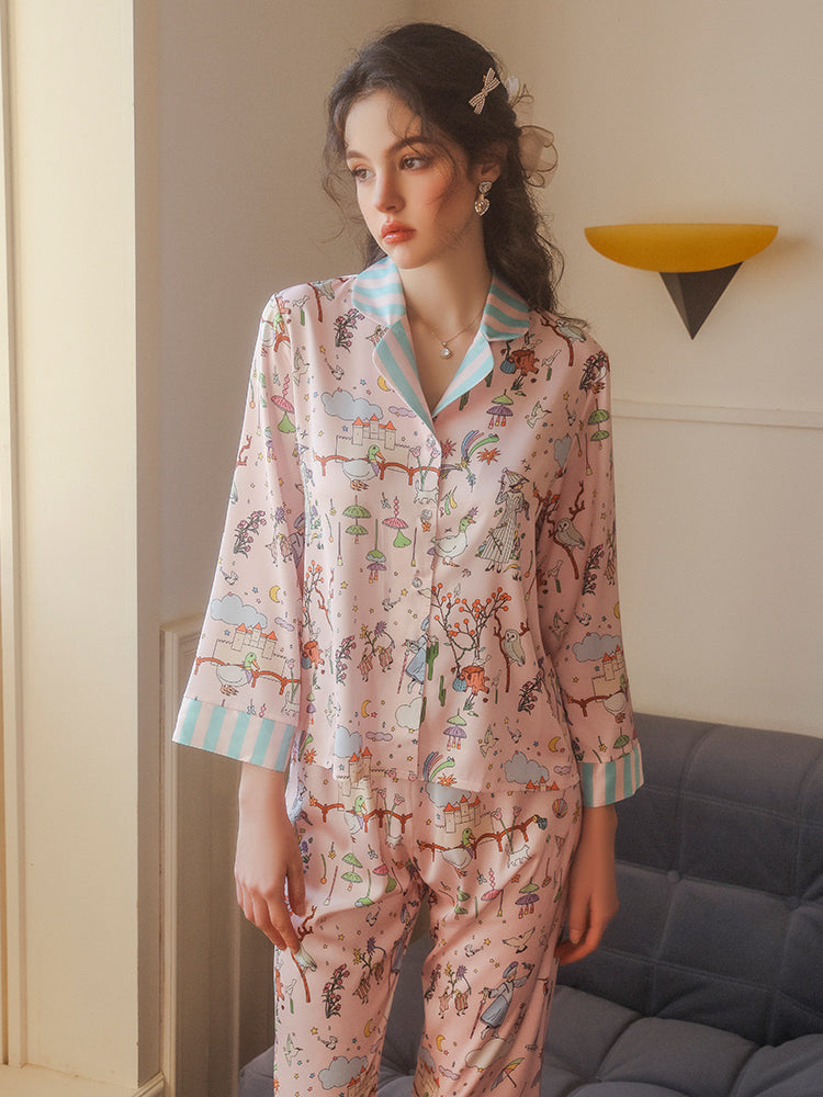 pink cartoon pajama sets side view standing by window