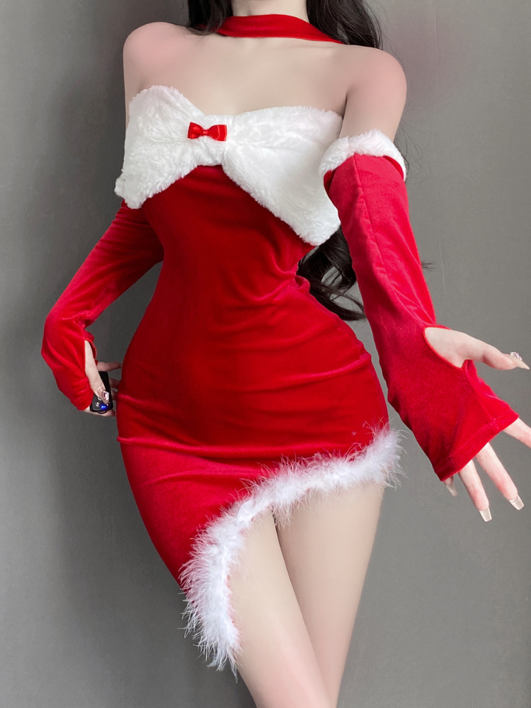Christmas sexy costume, red holiday dress with soft white fur for a festive look