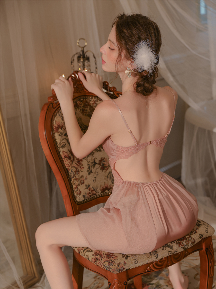 back view sitting pose blush pink lace satin slip dress vintage chair