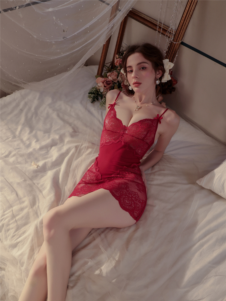 lying back view red sheer lace dress lingerie