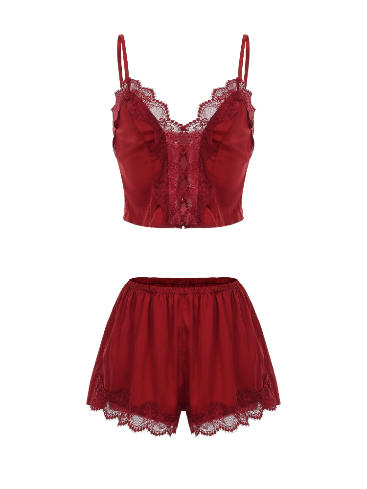 Red lace lingerie set on a white background