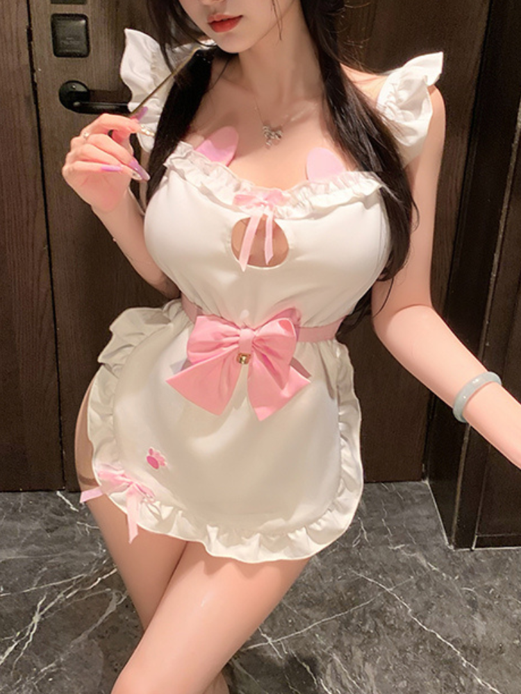 Person wearing a Sexy Maid Outfit White Pink Ruffle Maid Dress Costume Lingerie Set in an indoor setting.