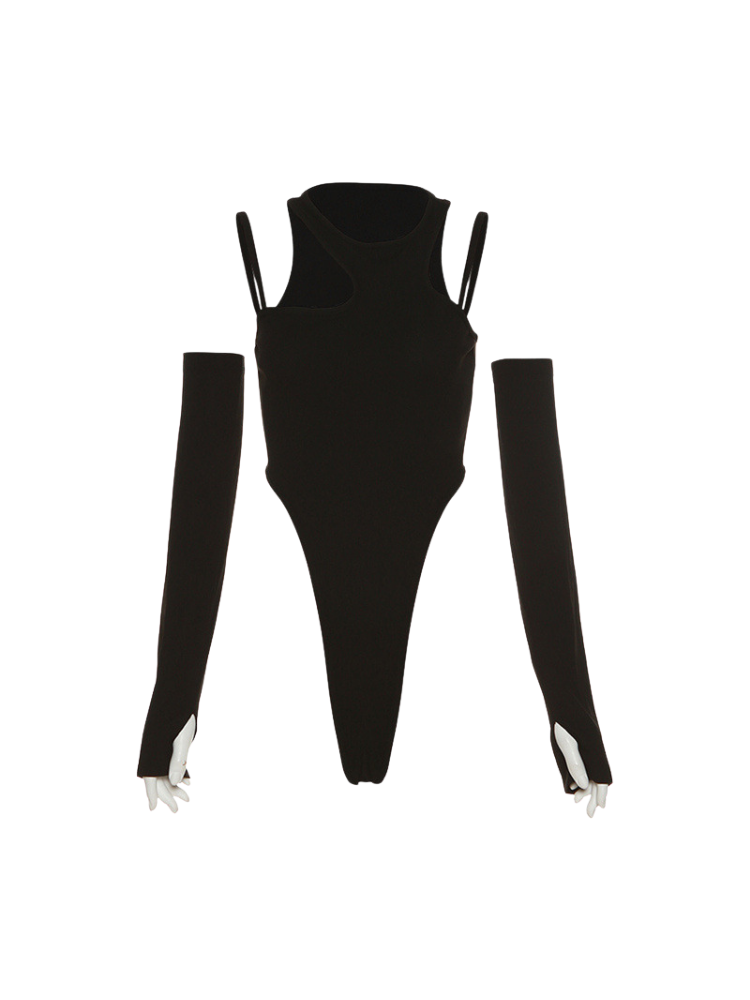 Black ski suit with arm covers on a white background
