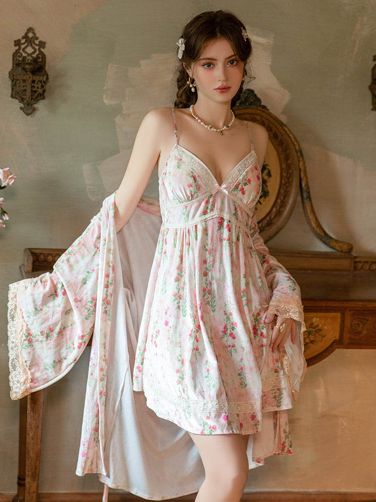 Woman wearing a Ditsy Floral Velvet Lace Trim Slip Dress Pink in a vintage room setting