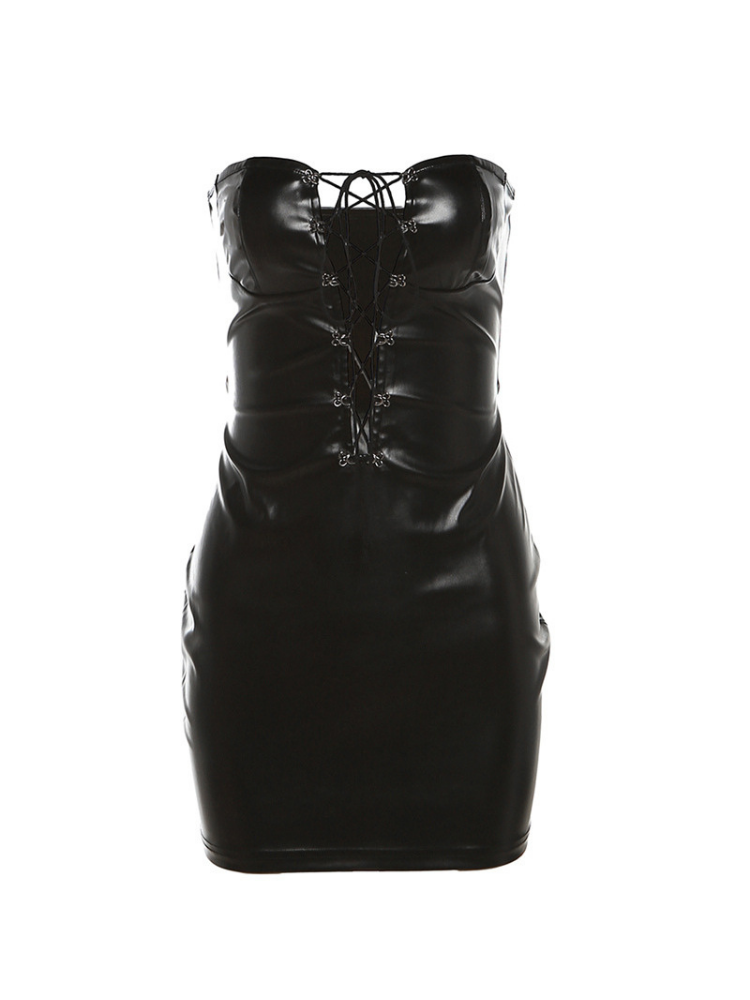 Black leather dress with lace-up front on a white background