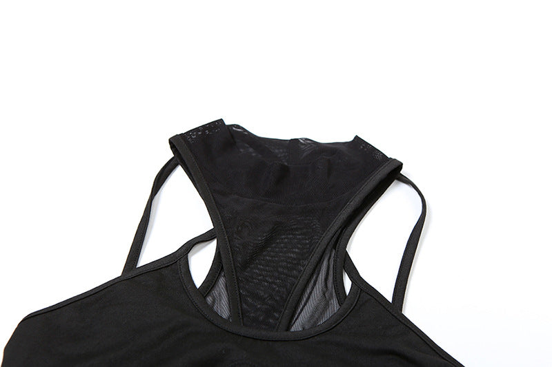 Black sports bra with mesh back on a white background