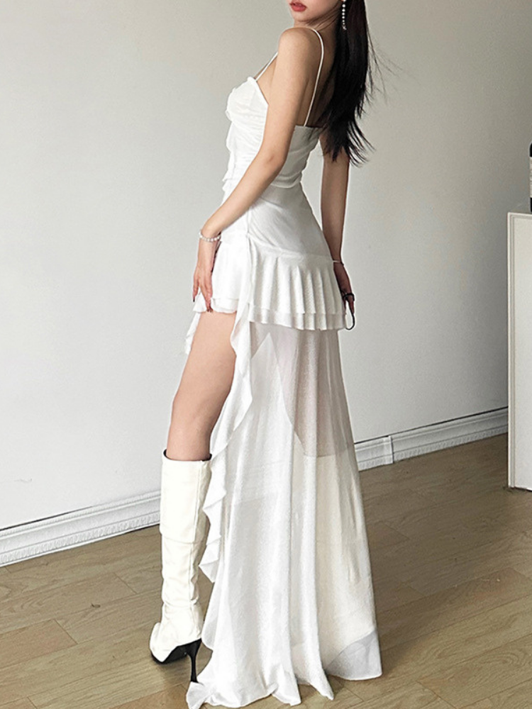 Ruffle High Low Mesh Dress