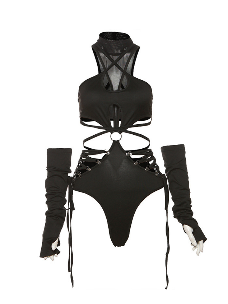 Black outfit with sheer details on a white background