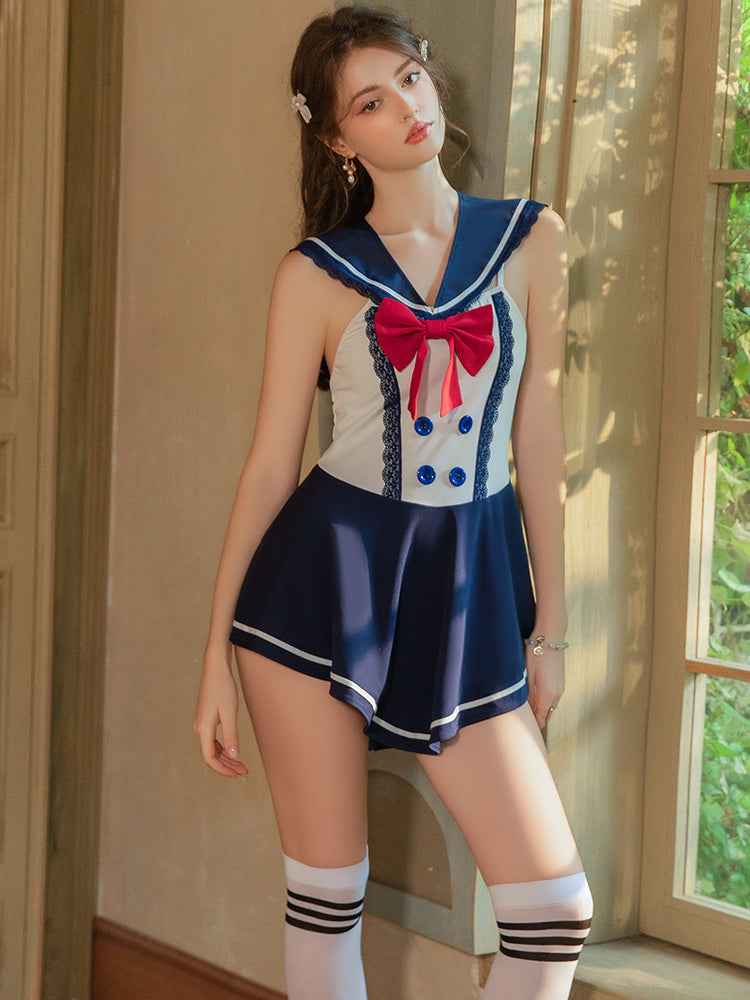 Person wearing a Sailor Collar Bow Sailor Uniform Costume Navy Blue, standing indoors.