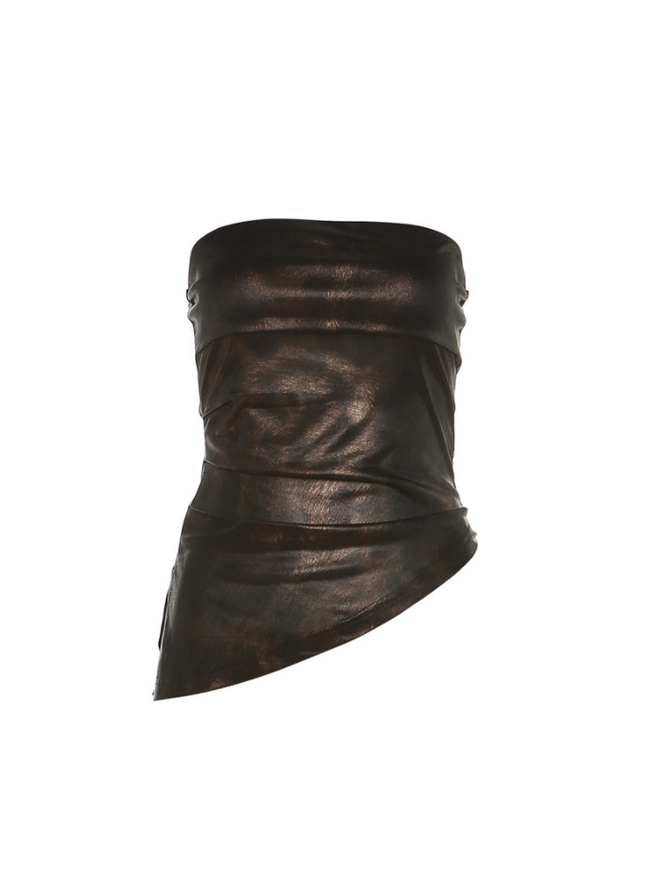 Black leather strapless top on a white background