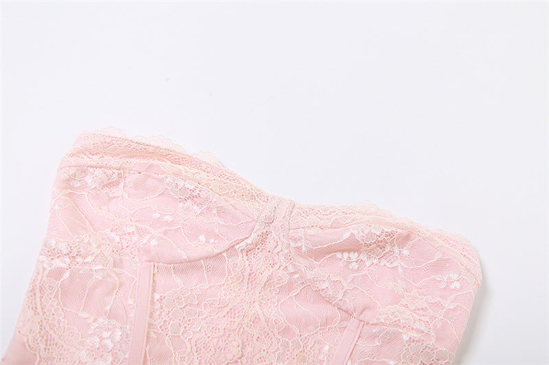 Pink Lace Corset Top and Pleated Mini Skirt Two Piece Set