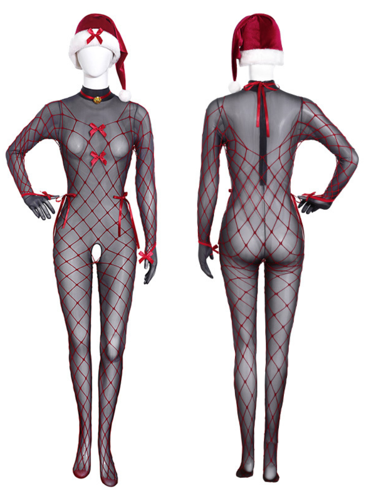 Red Mesh Fishnet Crotchless Bodystocking One Piece Lingerie Suit on a white background