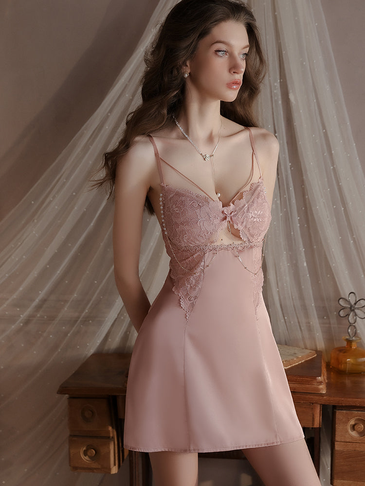 Rose gold satin lace slip dress front view standing by desk