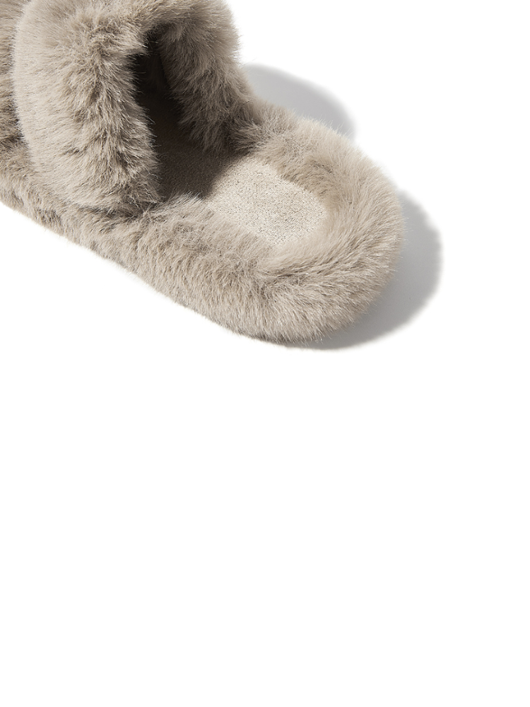 Gray fuzzy slippers close up top view soft plush insole