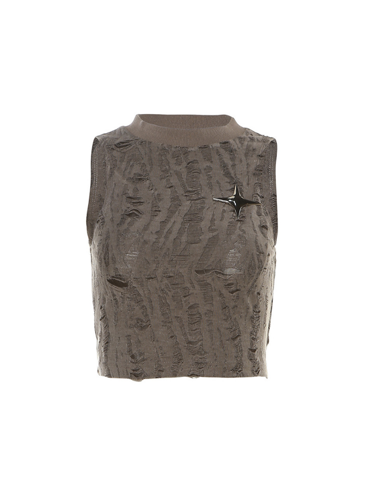 Gray sleeveless top with a pattern and star design on a white background