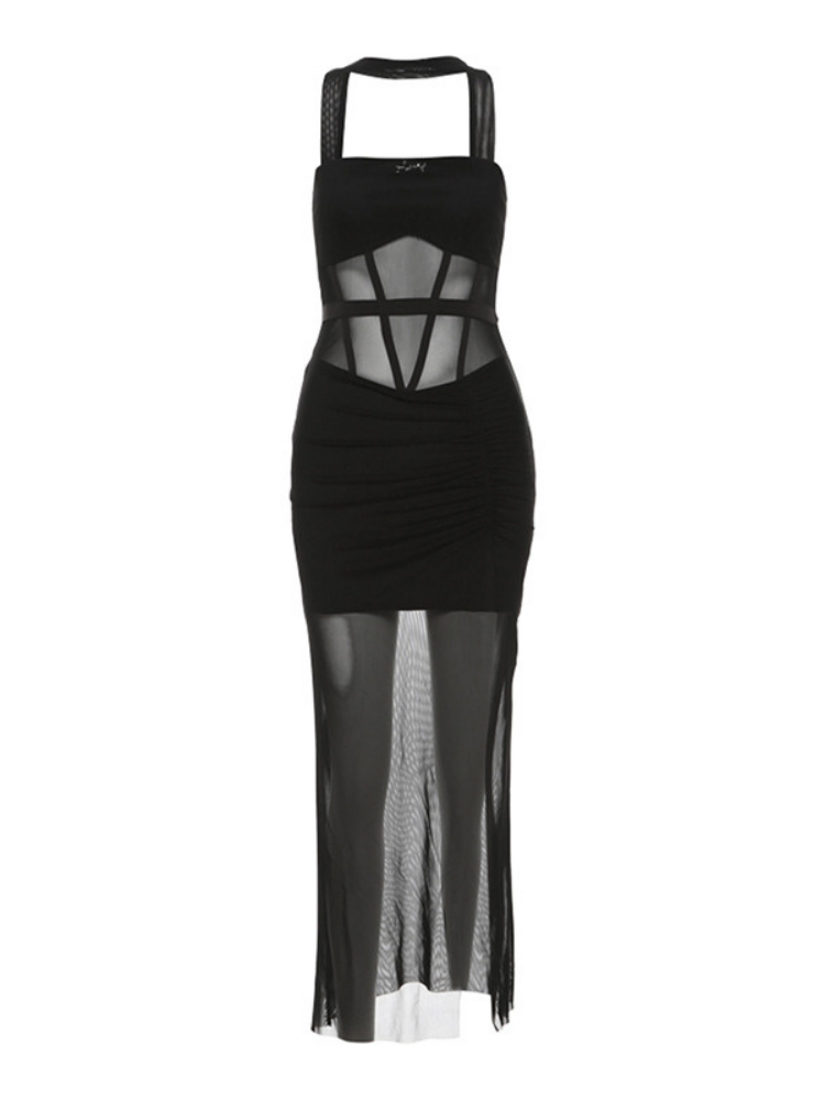 Black dress with mesh cutouts on a white background