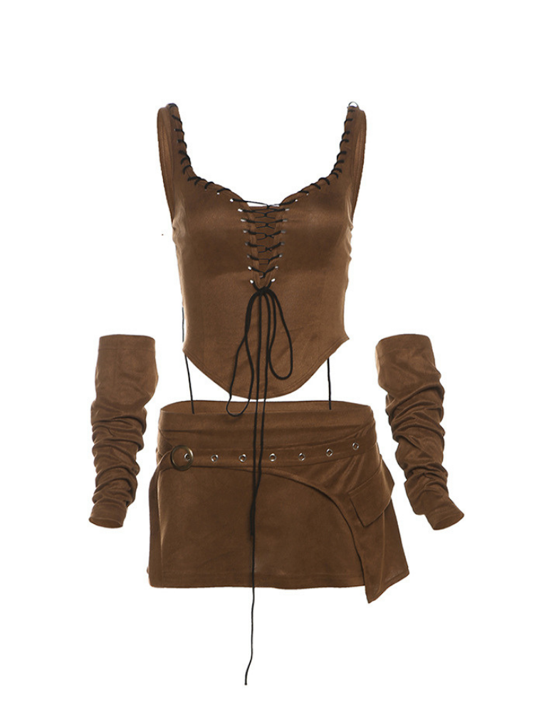Brown leather outfit with corset top, skirt, and arm guards on a white background