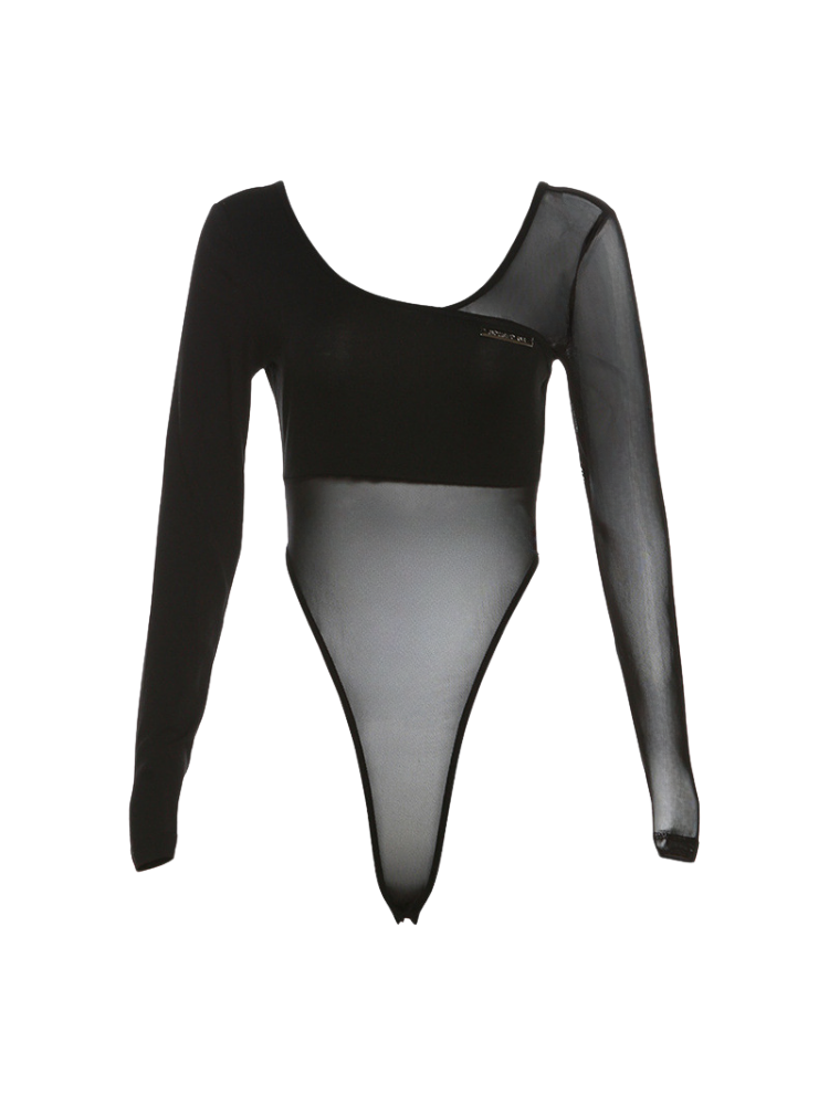 Black bodysuit with sheer panels on a white background