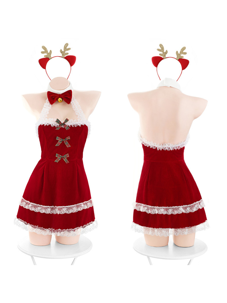 Velvet Lace Bow Red Christmas Lingerie Dress Halter Mini Babydoll and reindeer antlers on a mannequin against a white background
