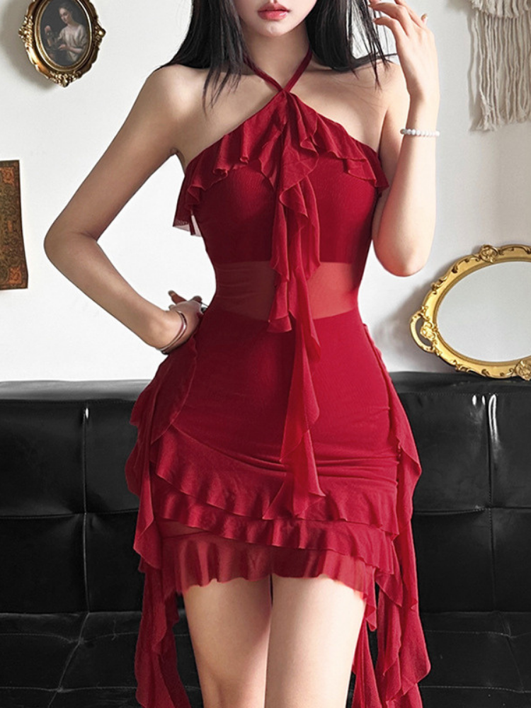 Halter Ruffle Mesh Sheer Mini Dress