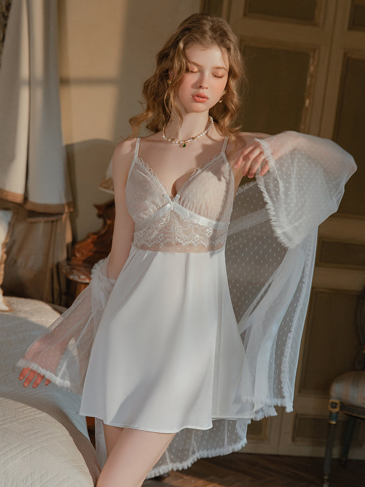 white slip dress, lace slip dress, babydoll nightgown, sheer lingerie, Swiss dot mesh, white lingerie, sexy sleepwear.