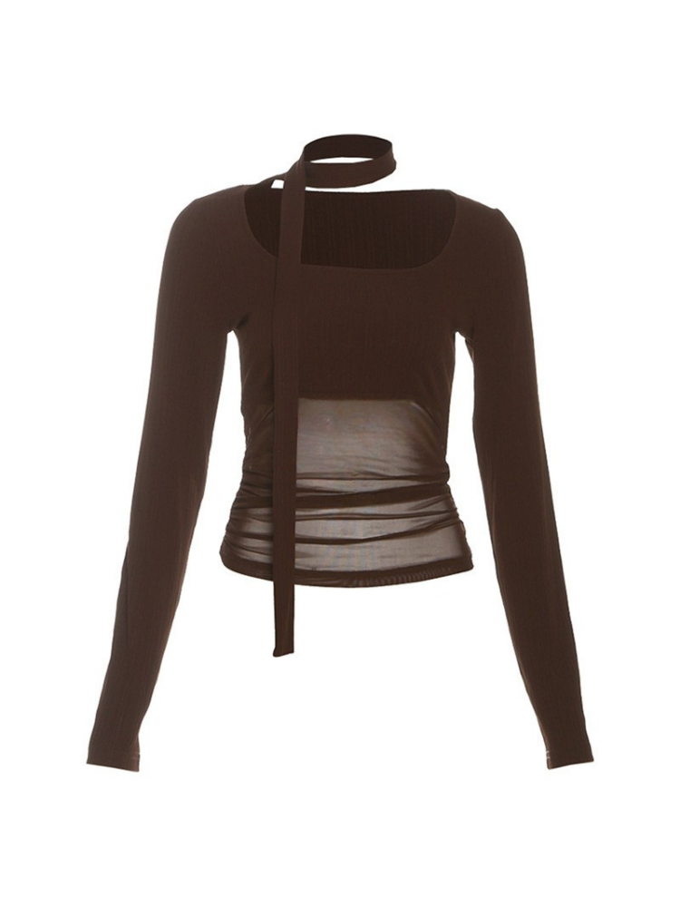Brown long-sleeve top with sheer panel on a white background