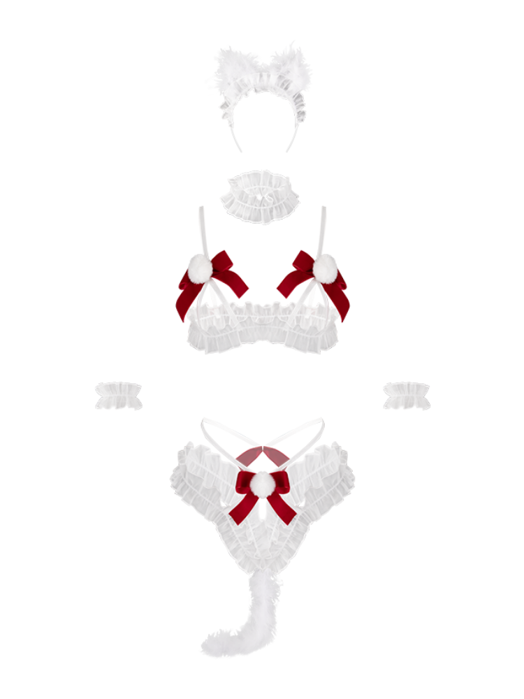 Christmas Sheer Lace Lingerie Set White See Through Bow Bra Panty with red bows on a white background