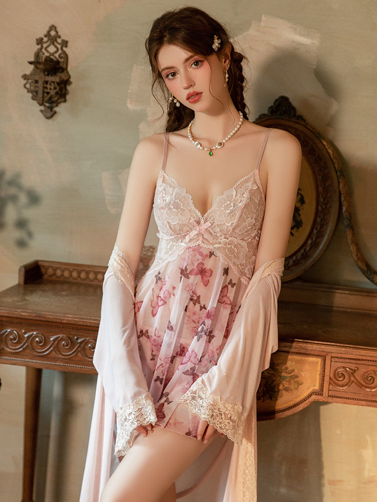 Woman wearing a Sheer Butterfly Lace Babydoll Nightgown in an elegant room setting.