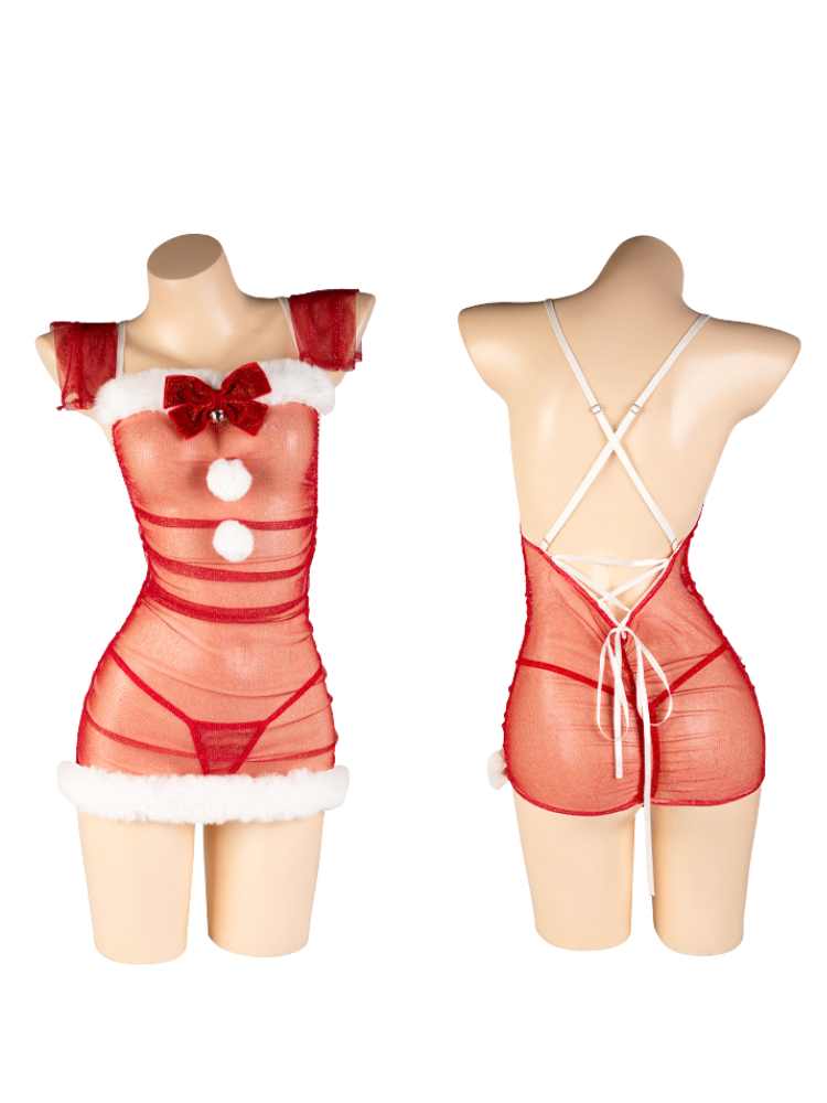 Red lingerie set on mannequins with white accents, shown from front and back.