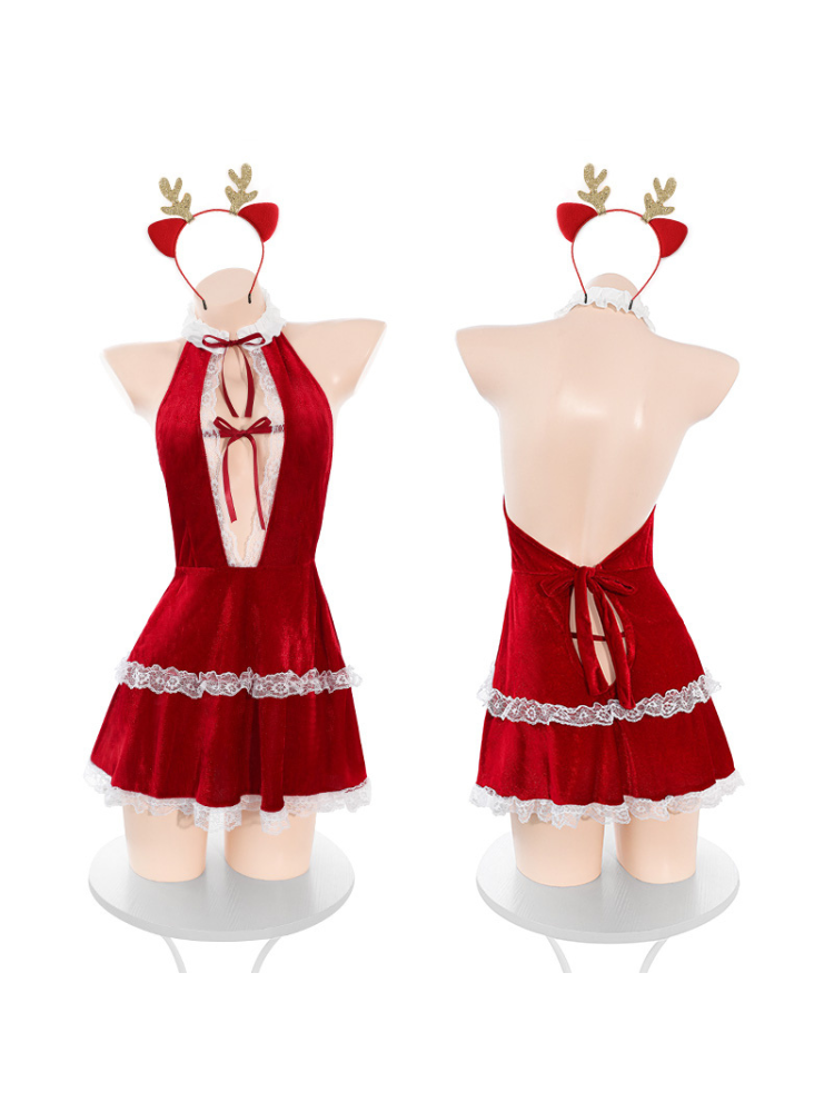 Velvet Lace Plunge Red Christmas Lingerie Dress Sexy Santa Babydoll on mannequins against a white background