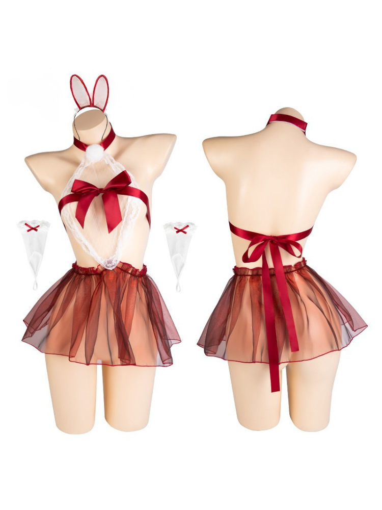 Bunny costume with red accents on mannequins against a white background