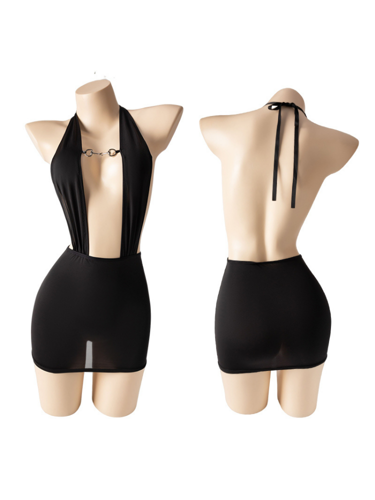 Plunge Halter Ring Detail Black Mini Dress Bodysuit on mannequins against a white background