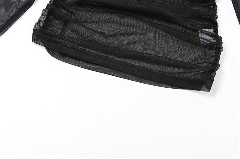 Black Off Shoulder Long Sleeve Mesh Top