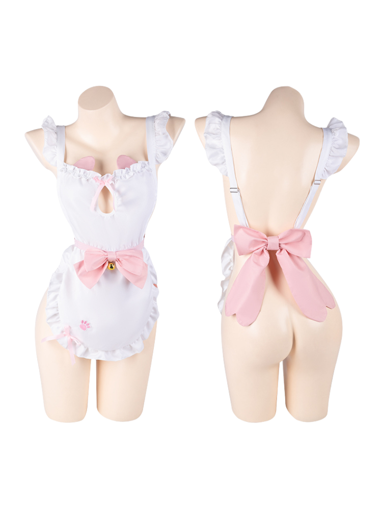 Sexy Maid Outfit White Pink Ruffle Maid Dress Costume Lingerie Set on mannequins against a white background