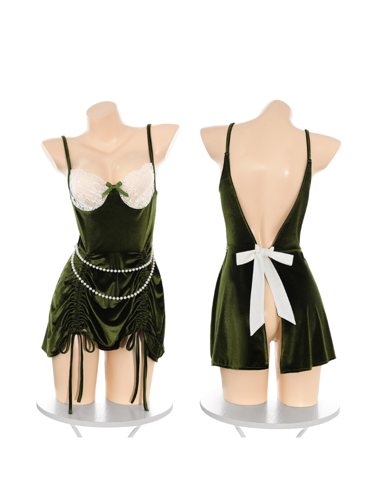 Two green satin nightgowns on mannequins with decorative elements on a white background Sexy Lingerie Lace Bodysuit Mini Slip Dress Ruched Pearl Detail