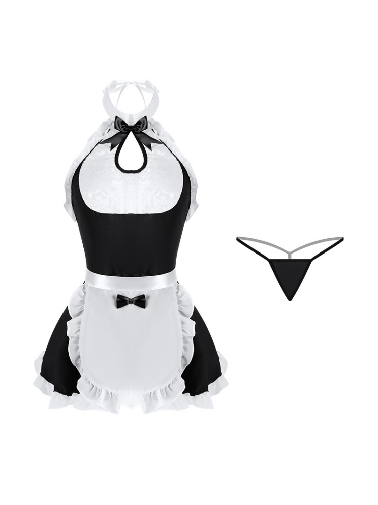 Black and white maid outfit with apron and garter on a white background