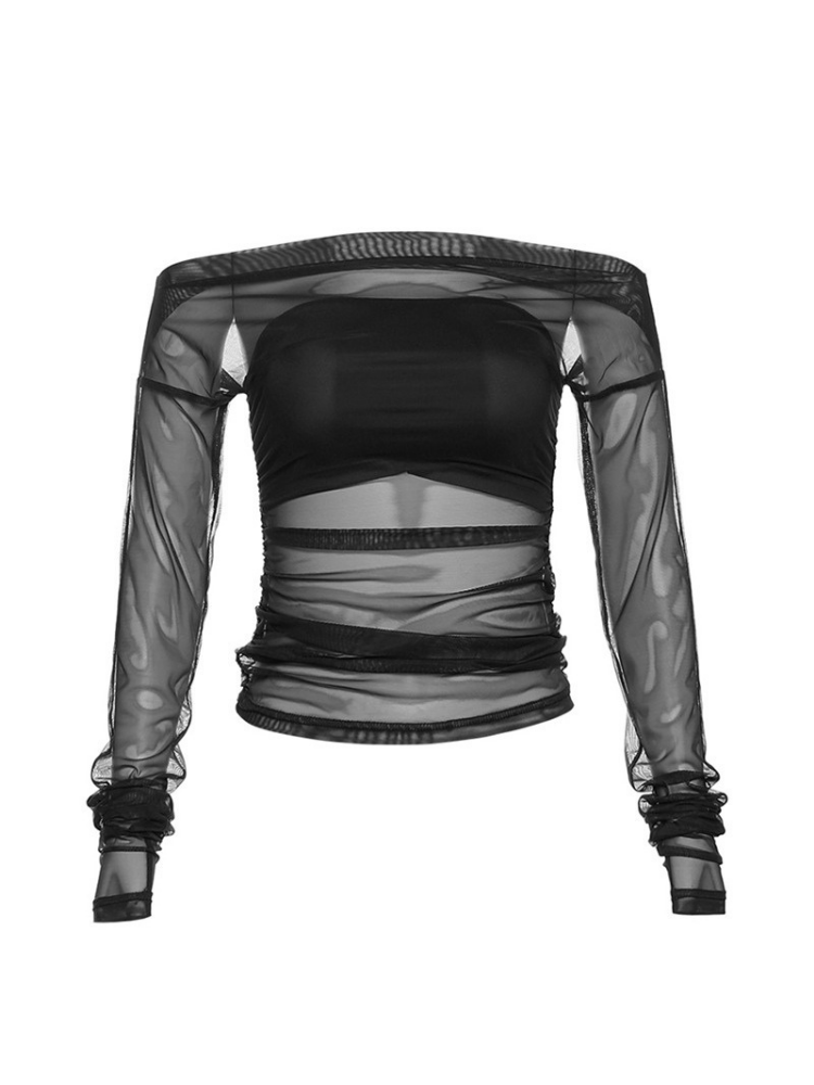 Black sheer long-sleeve top on a white background