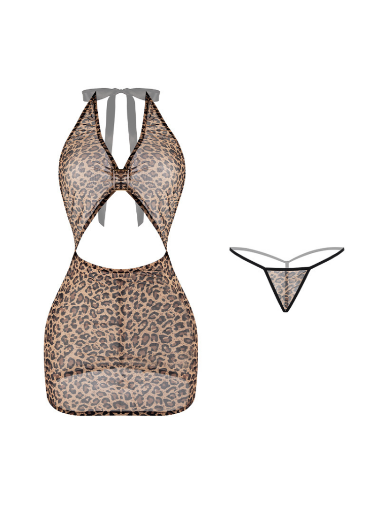 Leopard Print Cut Out Halter Animal Print Mini Dress on a white background