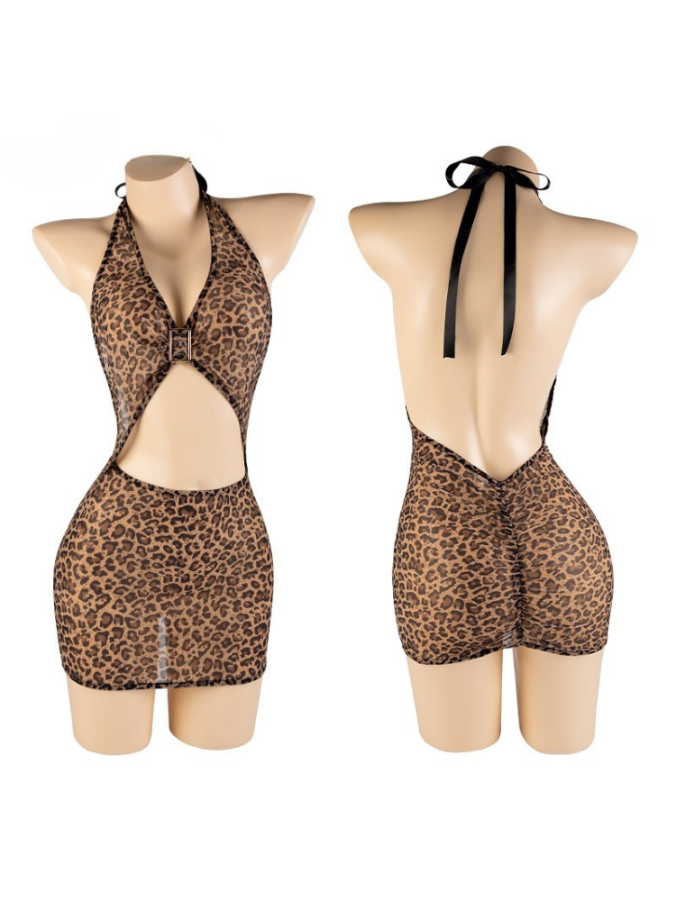 Leopard Print Cut Out Halter Animal Print Mini Dress on mannequins with open back design.