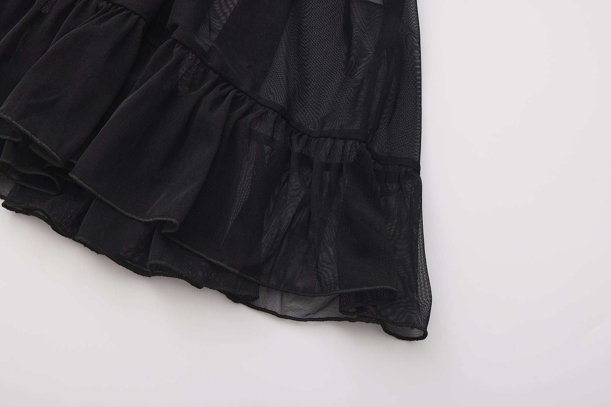 Black ruffled fabric on a white background