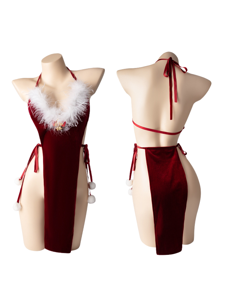 Red Velvet Sexy Lingerie Bodysuit Christmas Teddy One Piece Outfit on mannequins against a white background