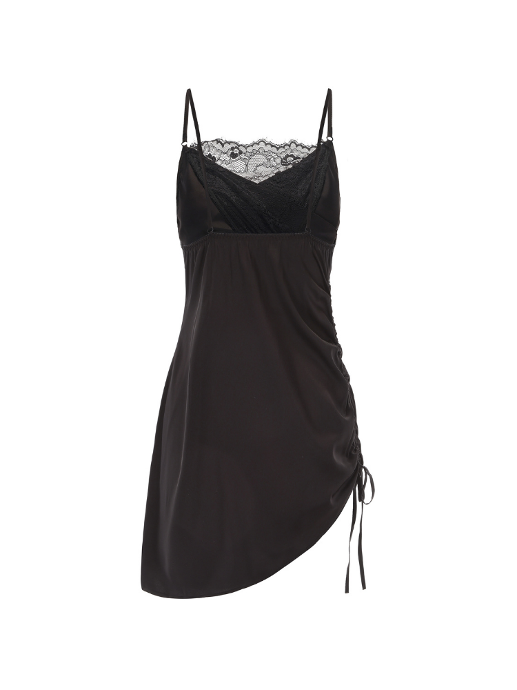 Black satin nightgown with lace trim on a white background